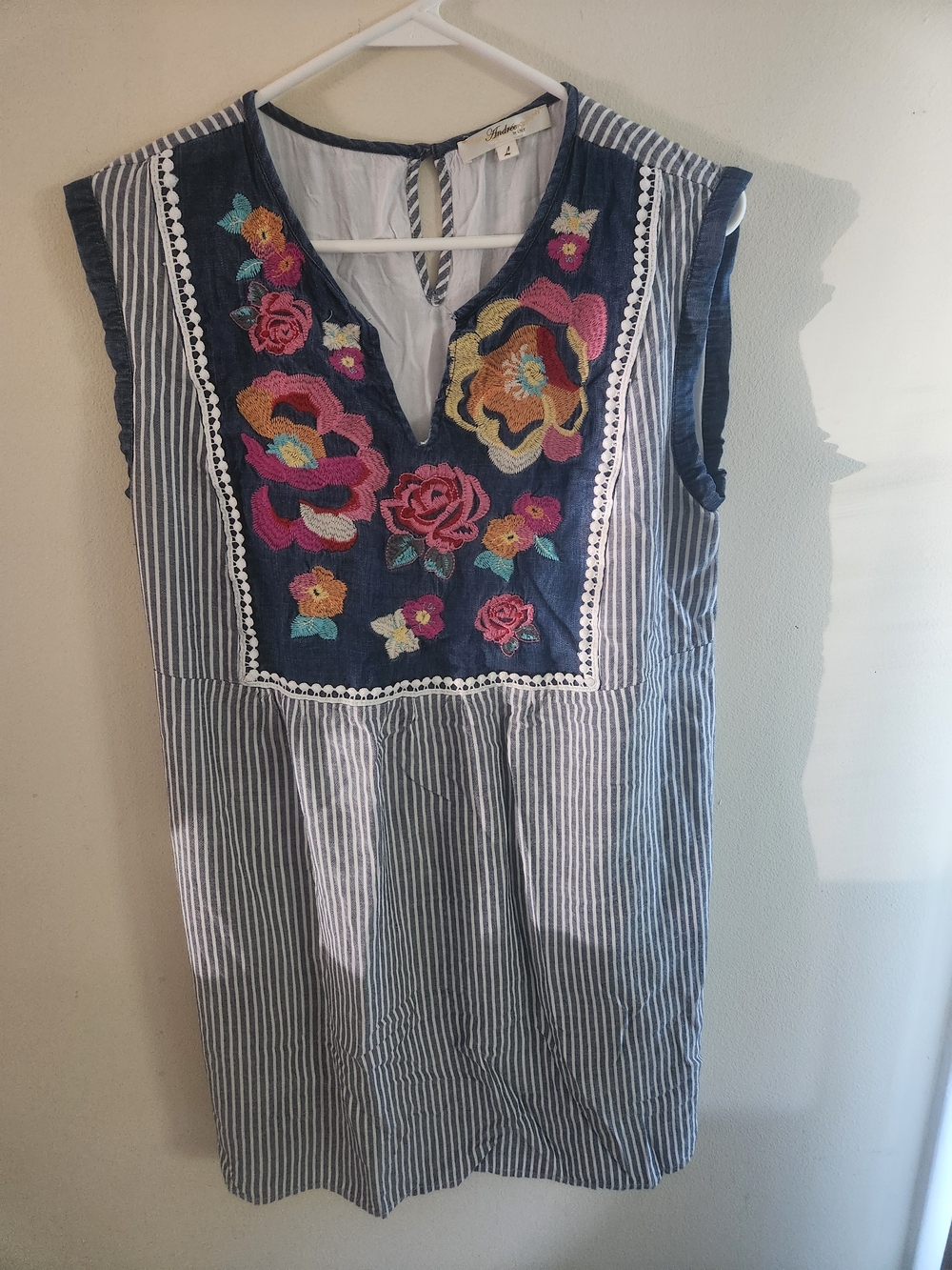 ANDREE BY UNIT Navy Striped Dress with Multicolor Floral Embroidery